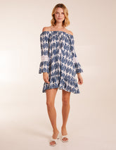 Leaf Print Elasticated Bardot Neck Tunic Dress