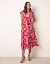 Tropical Print Flutter Sleeve Midi Dress