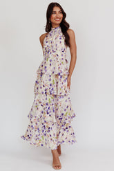 Provence Bloom Tiered Halterneck Dress Blue