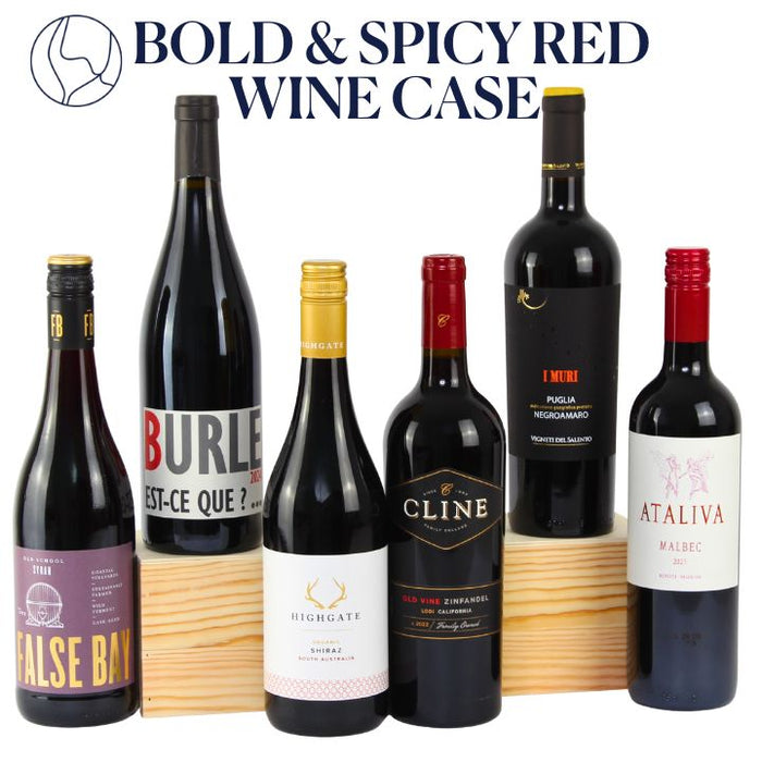 Collection of red wine bottles labeled 'Bold & Spicy Red Wine Case'.