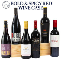 Collection of red wine bottles labeled 'Bold & Spicy Red Wine Case'.