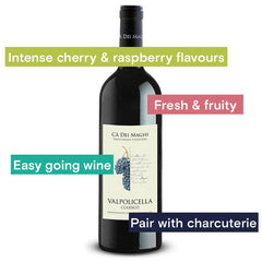 Intense cherry & raspberry flavours, fresh & fruity, easy going wine, pair with charcuterie.