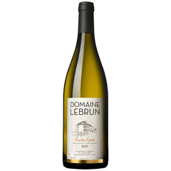A bottle of Domaine Lebrun, Pouilly-Fume white wine with a label showing the brand name and the name of the wine.