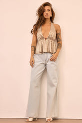 Gilded Whisper Foiled Chiffon Top - Taupe