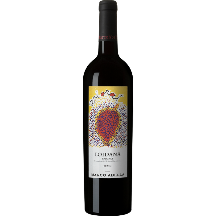 Bottle of Marco Abella Loidana Priorat red wine with a label featuring a stylized red and yellow floral design and the text 'Priorat'.