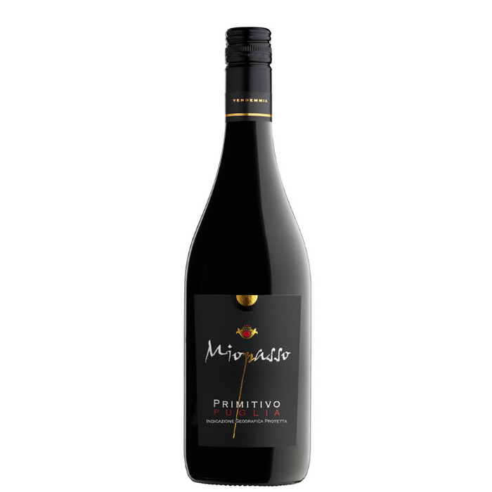 A bottle of Miopasso Primitivo wine with a black label, featuring the text 'Primitivo' and the year '2023/24'.