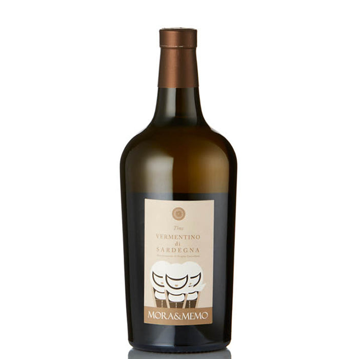A bottle of Mora & Memo Tino Vermentino Di Sardegna white wine with a label showcasing the brand and grape variety.