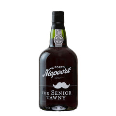 A bottle of Niepoort The Senior Tawny Port with a label that includes the brand name and the product name. The bottle is upright and has a dark background.