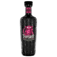 Bottle of Tarsier Pink Gin with intricate design and pink label on a white background