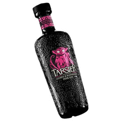Black bottle of Tarsier Pink Gin with pink owl design on a white background