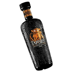 Black bottle of Tarsier gin with an animal design on a white background