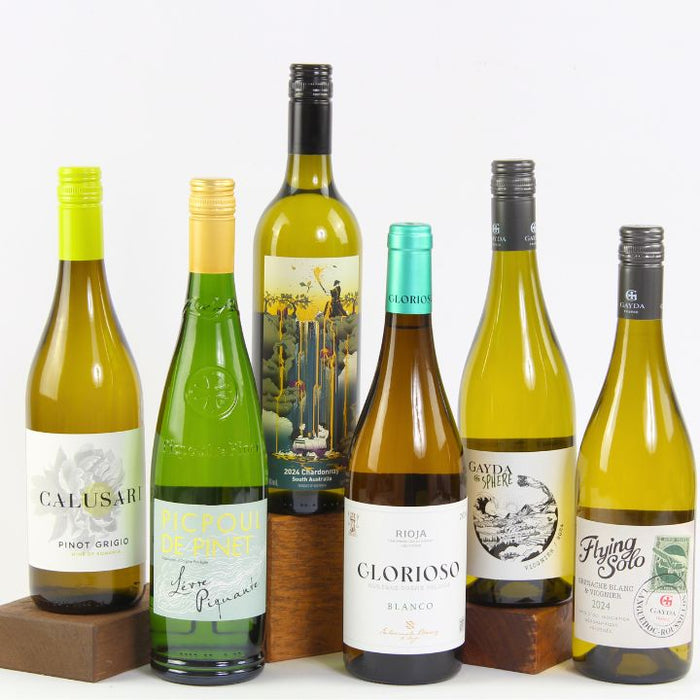 Collection of six wine bottles with various labels on a white background