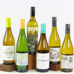 Collection of six wine bottles with various labels on a white background