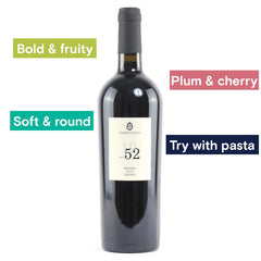 Cantine Sampietrana, Brindisi Riserva 2018 bottle image with tasting notes and pairing tip.