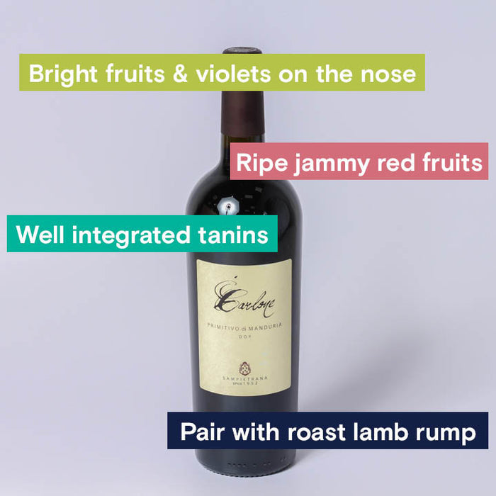 Cantine Sampietrana, Carlone Primitivo di Manduri. Notes. Brigt fruits & Violets, Jammy Red fruit, well integrated tannins, pair with roast lamb.