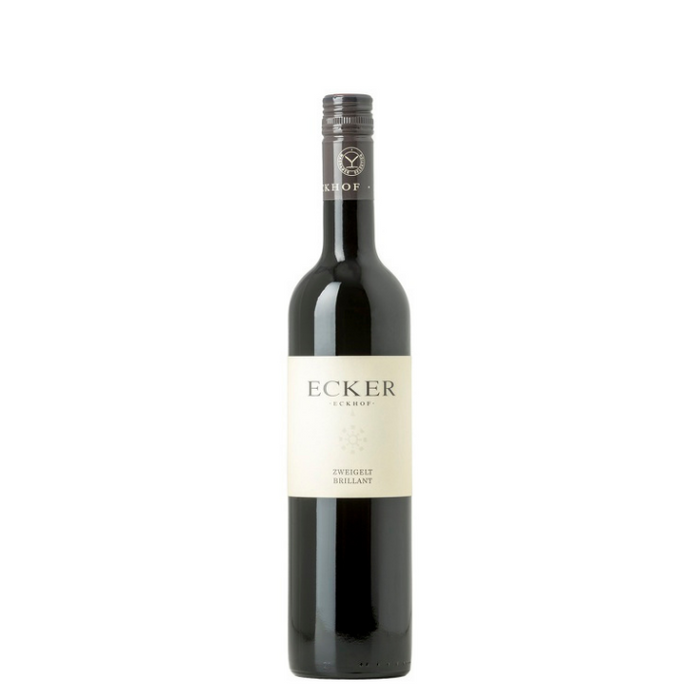 A bottle of Ecker-Eckhof Zweigelt Brillant wine with a white label on a clear background.
