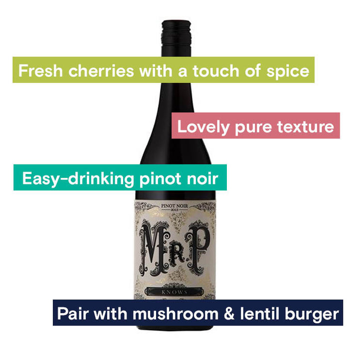 Fresh cherries with a touch of spice, lovely pure texture, easy-drinking pinot noir, pair with mushroom & lentil burger.