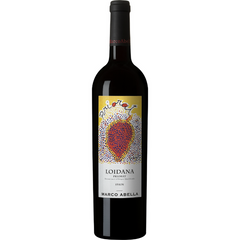 Bottle of Marco Abella Loidana Priorat red wine with a label featuring a stylized red and yellow floral design and the text 'Priorat'.