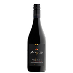 A bottle of Miopasso Primitivo wine with a black label, featuring the text 'Primitivo' and the year '2023/24'.